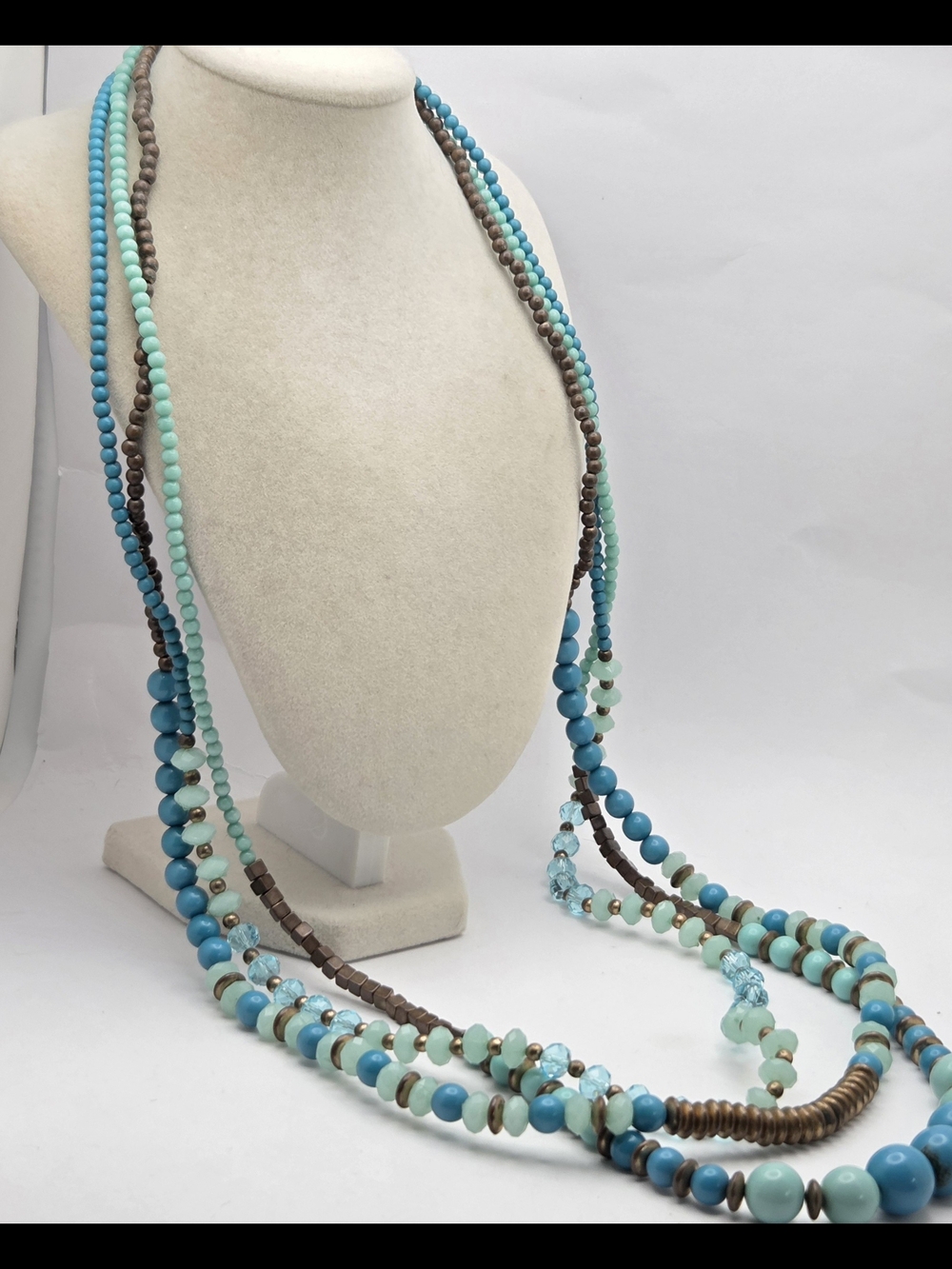 Multi-Strand Turquoise & Bronze Colored Beaded Long Layered Necklace 34"